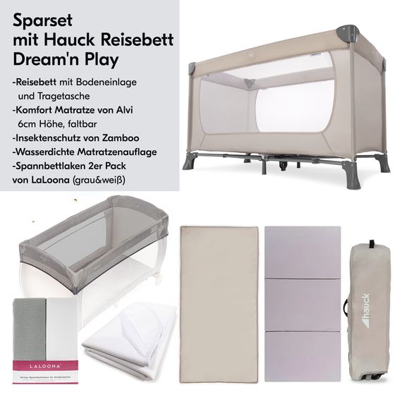 Hauck Reisebett XXL-Sparset - Dream`n Play inkl. Alvi Reisebett-Matratze + Wasserdichte Betteinlage + 2 Spannbettlaken + Insektenschutz - Beige