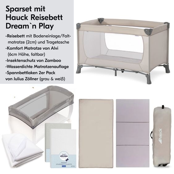 Hauck Reisebett XXL-Sparset - Dream`n Play inkl. Alvi Reisebett-Matratze + Wasserdichte Betteinlage + 2 Spannbettlaken + Insektenschutz - Beige