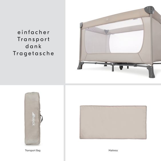 Hauck Reisebett XXL-Sparset - Dream`n Play inkl. Alvi Reisebett-Matratze + Wasserdichte Betteinlage + 2 Spannbettlaken + Insektenschutz - Beige