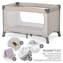 Reisebett XXL-Sparset Dream`n Play inkl. Alvi Reisebett-Matratze + Wasserdichte Betteinlage + 2 Spannbettlaken + Insektenschutz - Beige