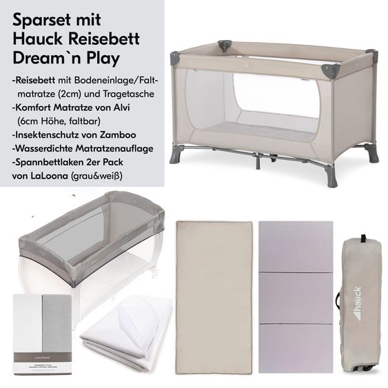 Hauck Reisebett XXL-Sparset Dream`n Play inkl. Alvi Reisebett-Matratze + Wasserdichte Betteinlage + 2 Spannbettlaken + Insektenschutz - Beige