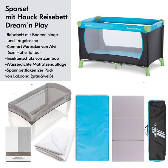Hauck Travel cot XXL economy set - Dream`n Play incl. Alvi travel cot mattress + waterproof bed insert + 2 fitted sheets + insect protection - Waterblue