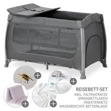 Set economico lettino da viaggio XXL - Play`n Relax Centre incl. materasso per lettino da viaggio Alvi + inserto letto impermeabile + 2 lenzuolini + protezione dagli insetti - Melange Charcoal