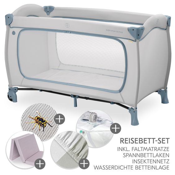 Hauck Reisebett XXL-Sparset - Sleep N Play Go Plus inkl. Alvi Reisebett-Matratze + Wasserdichte Betteinlage + 2 Spannbettlaken + Insektenschutz - Dusty Blue