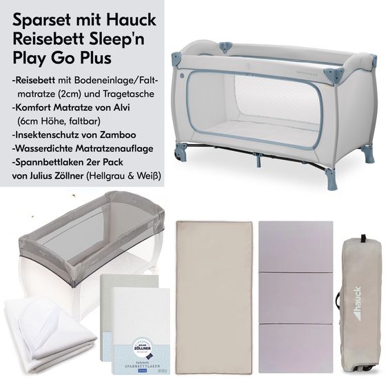 Hauck Reisebett XXL-Sparset - Sleep N Play Go Plus inkl. Alvi Reisebett-Matratze + Wasserdichte Betteinlage + 2 Spannbettlaken + Insektenschutz - Dusty Blue