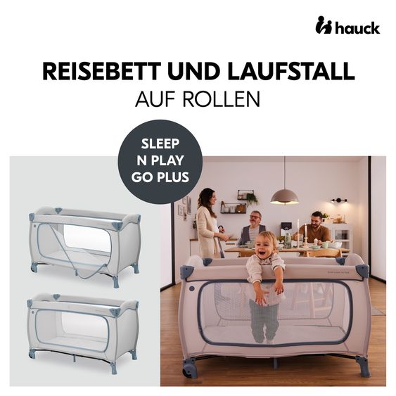 Hauck Reisebett XXL-Sparset - Sleep N Play Go Plus inkl. Alvi Reisebett-Matratze + Wasserdichte Betteinlage + 2 Spannbettlaken + Insektenschutz - Dusty Blue