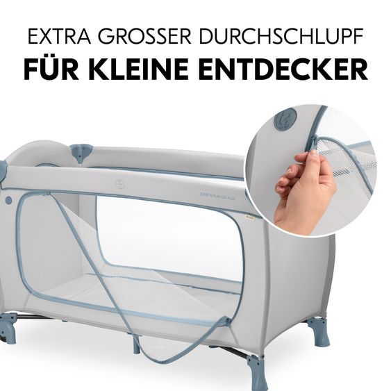 Hauck Reisebett XXL-Sparset - Sleep N Play Go Plus inkl. Alvi Reisebett-Matratze + Wasserdichte Betteinlage + 2 Spannbettlaken + Insektenschutz - Dusty Blue