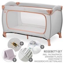 Reisebett XXL-Sparset - Sleep N Play Go Plus inkl. Alvi Reisebett-Matratze + Wasserdichte Betteinlage + 2 Spannbettlaken + Insektenschutz - Dusty Cork