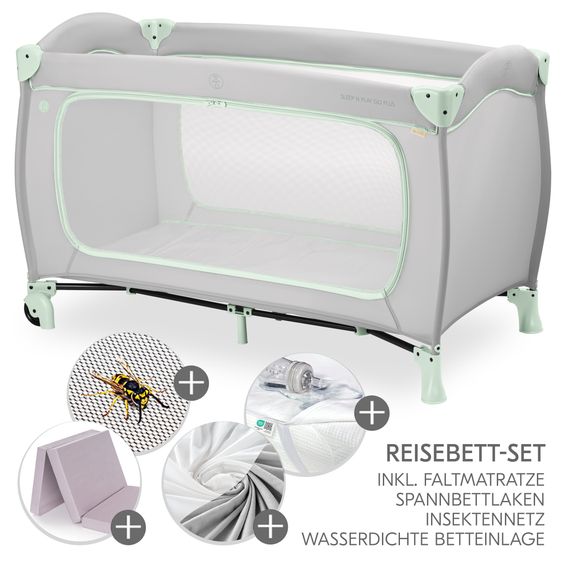 Hauck Reisebett XXL-Sparset - Sleep N Play Go Plus inkl. Alvi Reisebett-Matratze + Wasserdichte Betteinlage + 2 Spannbettlaken + Insektenschutz - Dusty Mint