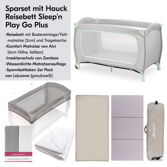 Hauck Reisebett XXL-Sparset - Sleep N Play Go Plus inkl. Alvi Reisebett-Matratze + Wasserdichte Betteinlage + 2 Spannbettlaken + Insektenschutz - Dusty Mint