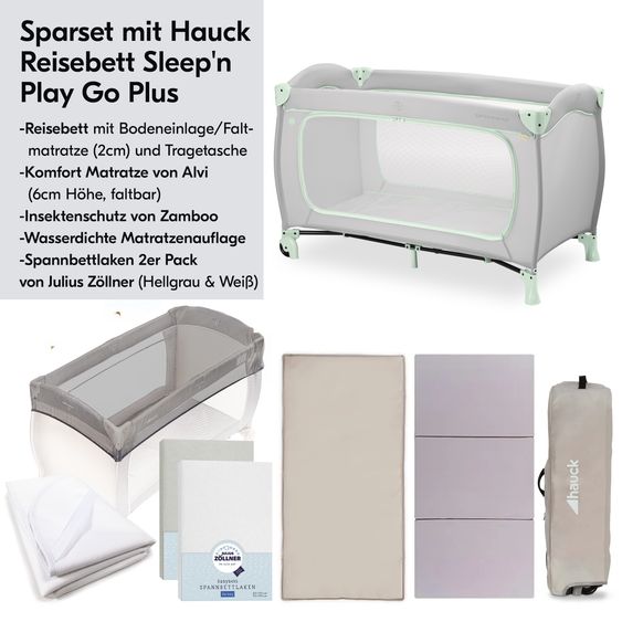 Hauck Reisebett XXL-Sparset - Sleep N Play Go Plus inkl. Alvi Reisebett-Matratze + Wasserdichte Betteinlage + 2 Spannbettlaken + Insektenschutz - Dusty Mint