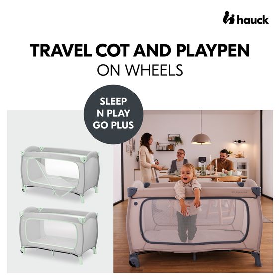 Hauck Reisebett XXL-Sparset - Sleep N Play Go Plus inkl. Alvi Reisebett-Matratze + Wasserdichte Betteinlage + 2 Spannbettlaken + Insektenschutz - Dusty Mint