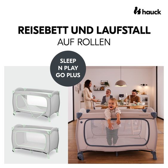 Hauck Reisebett XXL-Sparset - Sleep N Play Go Plus inkl. Alvi Reisebett-Matratze + Wasserdichte Betteinlage + 2 Spannbettlaken + Insektenschutz - Dusty Mint