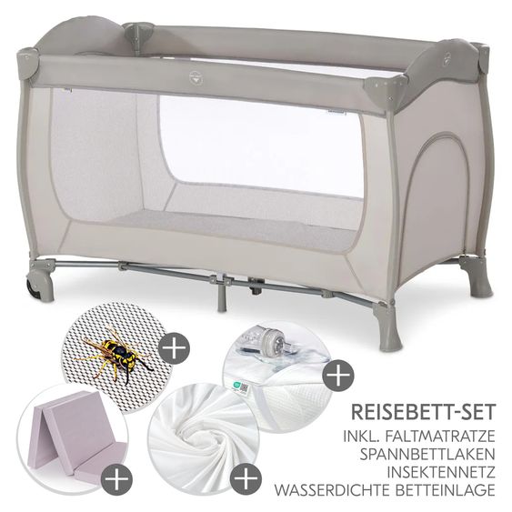 Hauck Reisebett XXL-Sparset - Sleep'n Play Go Plus inkl. Reisebettmatratze Komfort klappbar + Wasserdichte Betteinlage + 2 Spannbettlaken + Insektenschutz - Beige