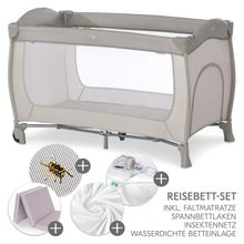 Reisebett XXL-Sparset - Sleep'n Play Go Plus inkl. Reisebettmatratze Komfort klappbar + Wasserdichte Betteinlage + 2 Spannbettlaken + Insektenschutz - Beige