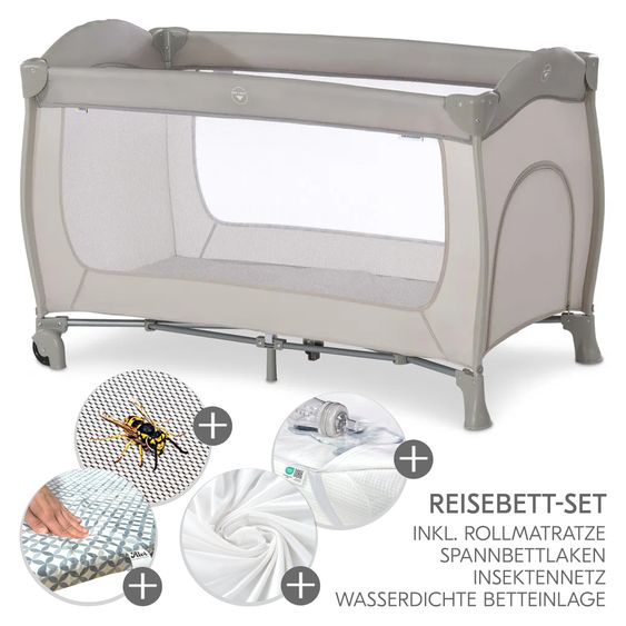 Hauck Reisebett XXL-Sparset - Sleep'n Play Go Plus inkl. Reisebettmatratze Mosaik rollbar + Wasserdichte Betteinlage + 2 Spannbettlaken + Insektenschutz - Beige