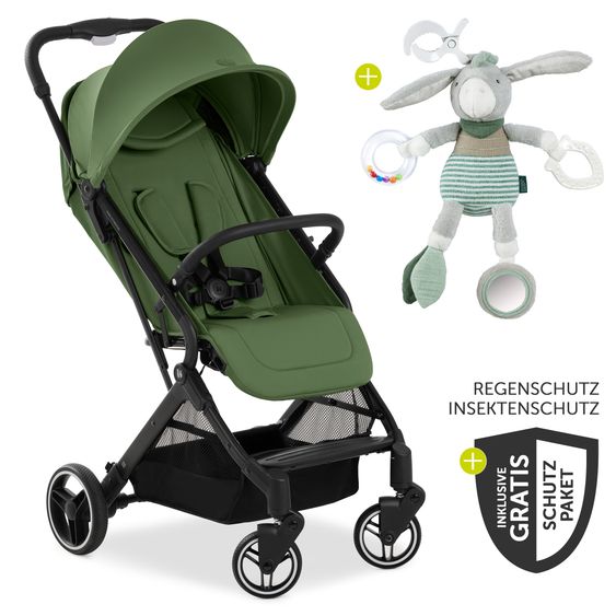 Hauck Reisebuggy & Sportwagen Travel N Care Plus mit Liegefunktion (nur 7,2 kg) - inkl. XXL Zubehörpaket & Fehn Spieltier Eselchen - Green