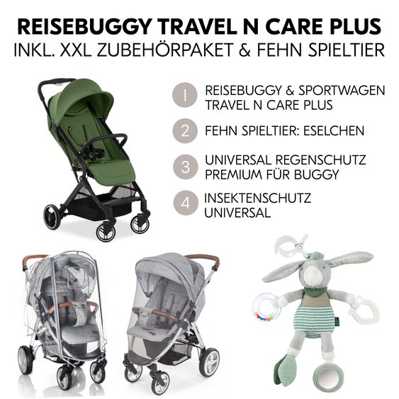 Hauck Reisebuggy & Sportwagen Travel N Care Plus mit Liegefunktion (nur 7,2 kg) - inkl. XXL Zubehörpaket & Fehn Spieltier Eselchen - Green