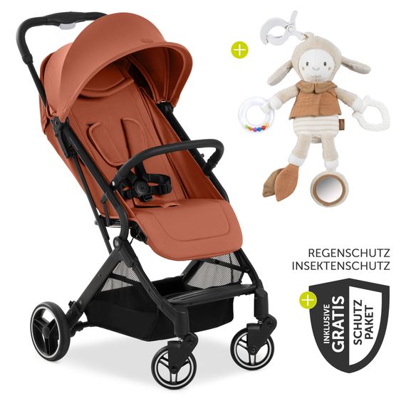 Hauck Travel buggy & pushchair Travel N Care Plus with reclining function (only 7.2 kg) - incl. XXL accessory pack & Fehn toy sheep - Cork