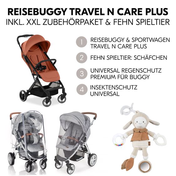 Hauck Travel buggy & pushchair Travel N Care Plus with reclining function (only 7.2 kg) - incl. XXL accessory pack & Fehn toy sheep - Cork