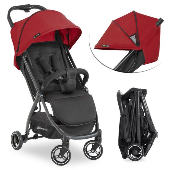 Hauck Passeggino da viaggio Swift X con ripiegamento automatico a una mano e cinghia di trasporto (solo 6,3 kg) - inclusa capottina comfort - Rosso
