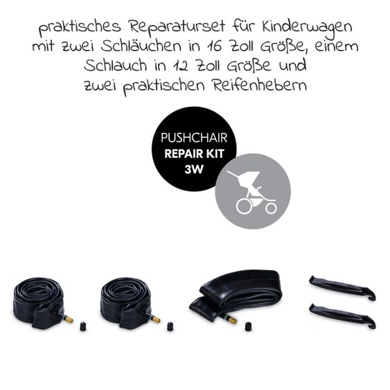 Hauck Set per la riparazione di ruote pneumatiche per passeggini (2x camera d'aria da 16 pollici + 1x camera d'aria da 12 pollici + leva per pneumatici)