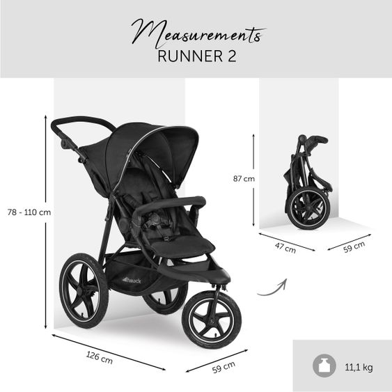 Hauck Stroller & Jogger Runner 2 (with large pneumatic tires) incl. XXL accessories package - Black