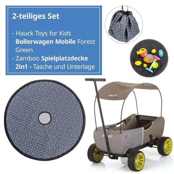 Hauck Toys for Kids Bollerwagen Eco Mobil - faltbar mit Dach, Transportwagen & Handwagen für 2 Kinder inkl. Spielplatzdecke 2in1 - Forest Green