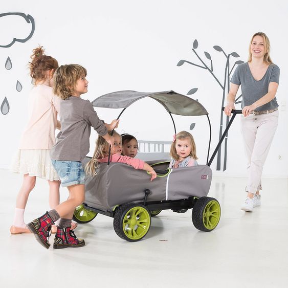 Hauck Toys for Kids Bollerwagen Eco Mobil - faltbar mit Dach, Transportwagen & Handwagen für 2 Kinder inkl. Spielplatzdecke 2in1 - Forest Green