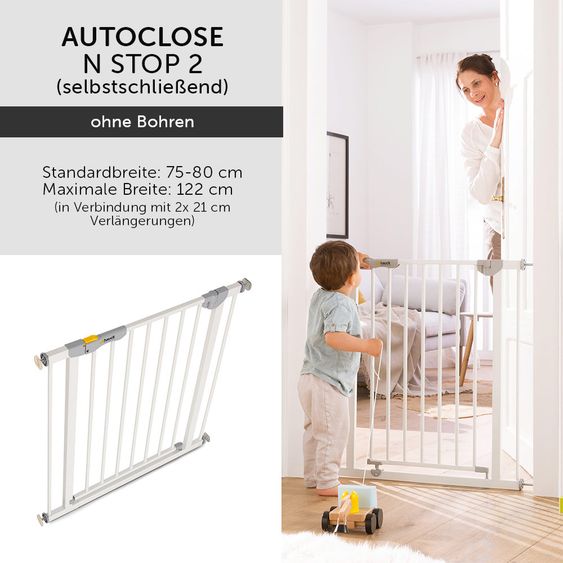 Hauck Türschutzgitter Autoclose N Stop 2 (75 bis 80 cm) selbstschließend, ohne Bohren - White