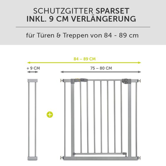 Hauck Türschutzgitter Stop N Safe 2 (84 bis 89 cm) inkl. 9cm Verlängerung - ohne Bohren - Silver