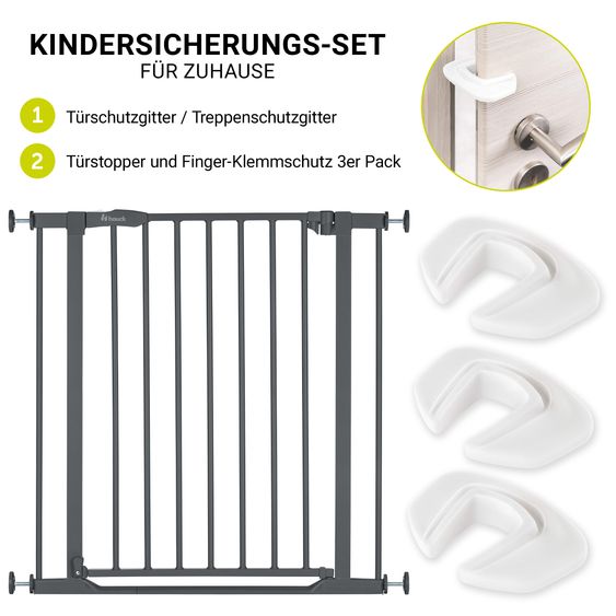 Hauck Türschutzgitter / Treppenschutzgitter Clear Step 2 + Türstopper 3er Pack - Dark Grey