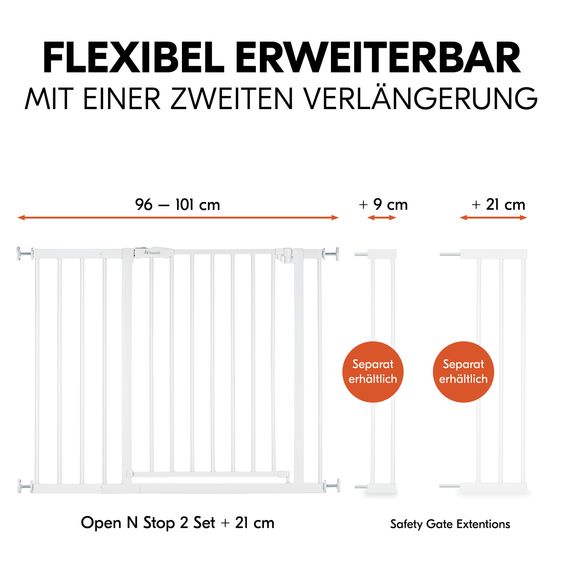 Hauck Türschutzgitter / Treppenschutzgitter Open N Stop 2 (75-80 cm) inkl. 21 cm Verlängerung - White - White