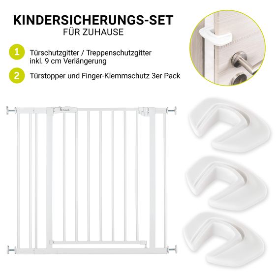 Hauck Door safety gate / stair gate Open N Stop 2 incl. 9 cm extension + door stopper 3-pack - White