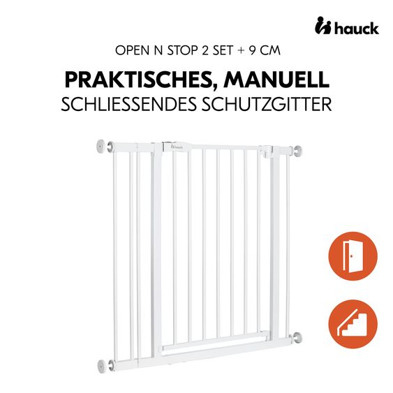 Hauck Door safety gate / stair gate Open N Stop 2 incl. 9 cm extension + door stopper 3-pack - White