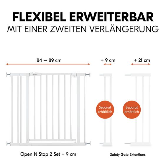 Hauck Door safety gate / stair gate Open N Stop 2 incl. 9 cm extension + door stopper 3-pack - White