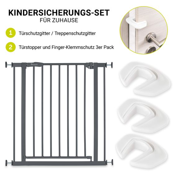 Hauck Türschutzgitter / Treppenschutzgitter Open N Stop 2 + Türstopper 3er Pack - Dark Grey