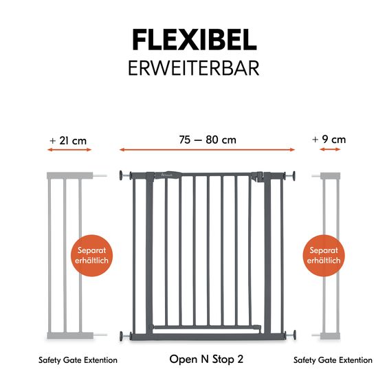 Hauck Türschutzgitter / Treppenschutzgitter Open N Stop 2 + Türstopper 3er Pack - Dark Grey
