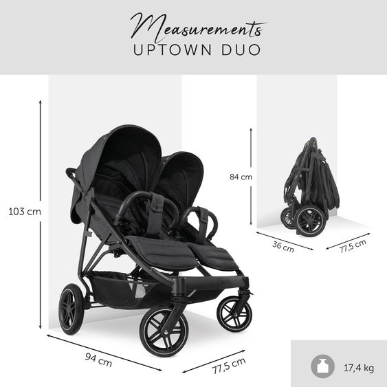 Hauck Poussette Double Up Town Duo - incl. 2x Coussin Confort Siège & Protection Pluie - Noir Mélangé