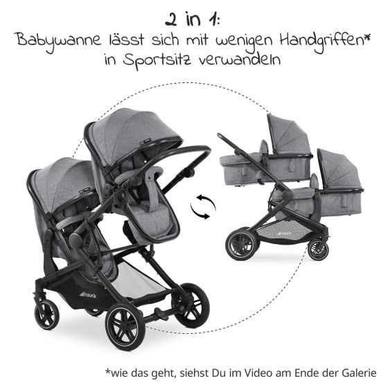 Hauck Twin stroller Atlantic Twin (incl. baby bath for newborn) - up to 36 kg loadable - Melange Grey