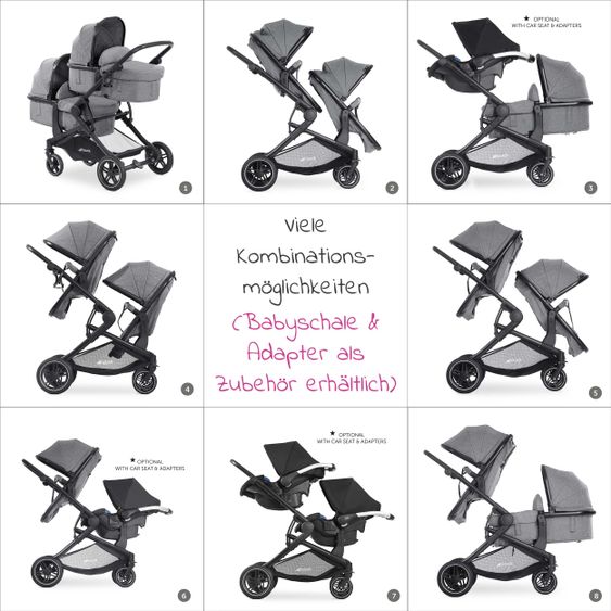 Hauck Twin stroller Atlantic Twin (incl. baby bath for newborn) - up to 36 kg loadable - Melange Grey