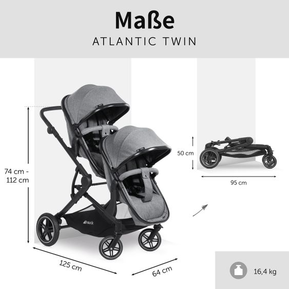 Hauck Twin stroller Atlantic Twin (incl. baby bath for newborn) - up to 36 kg loadable - Melange Grey