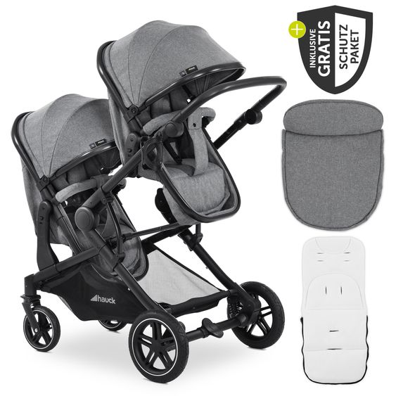 Hauck Zwillingskinderwagen Atlantic Twin inkl. Sommer-Schutzpaket (2x Sonnensegel & 2x Mückennetz) - Melange Grey