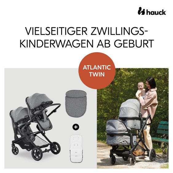 Hauck Zwillingskinderwagen Atlantic Twin inkl. Sommer-Schutzpaket (2x Sonnensegel & 2x Mückennetz) - Melange Grey