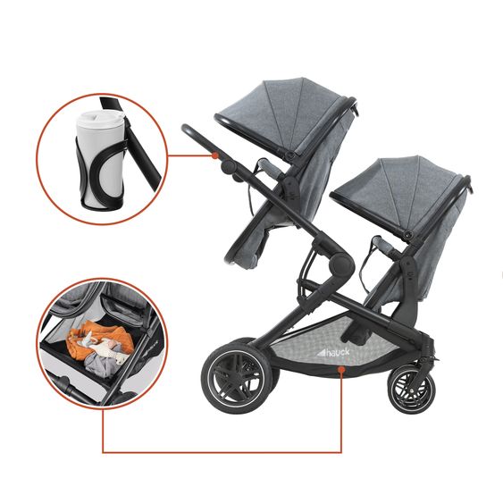Hauck Zwillingskinderwagen Atlantic Twin inkl. Sommer-Schutzpaket (2x Sonnensegel & 2x Mückennetz) - Melange Grey