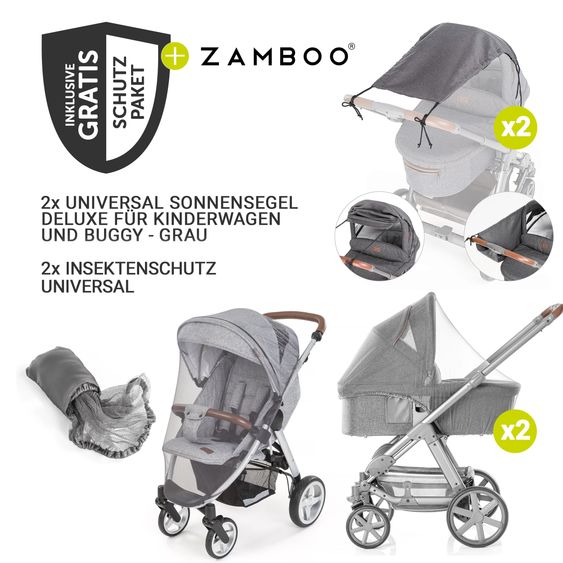 Hauck Zwillingskinderwagen Atlantic Twin inkl. Sommer-Schutzpaket (2x Sonnensegel & 2x Mückennetz) - Melange Grey