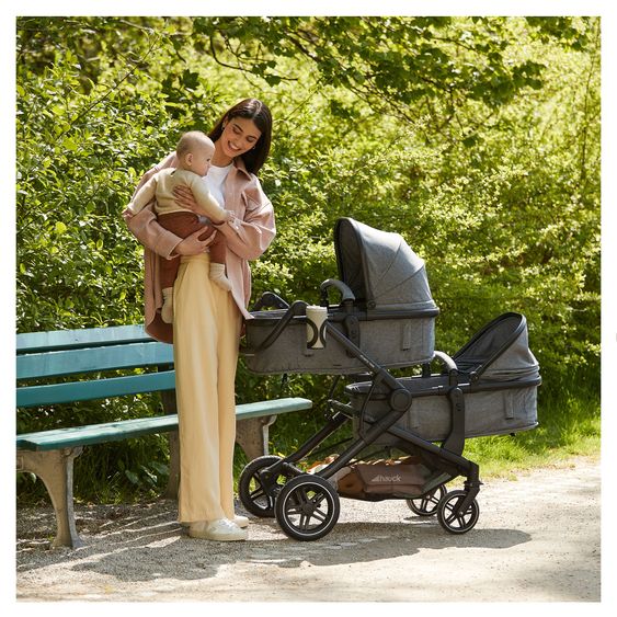 Hauck Zwillingskinderwagen Atlantic Twin inkl. Sommer-Schutzpaket (2x Sonnensegel & 2x Mückennetz) - Melange Grey