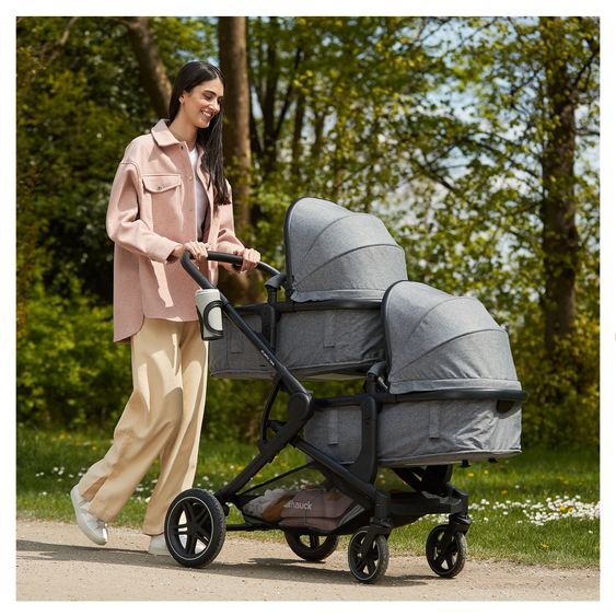 Hauck Zwillingskinderwagen Atlantic Twin inkl. Sommer-Schutzpaket (2x Sonnensegel & 2x Mückennetz) - Melange Grey