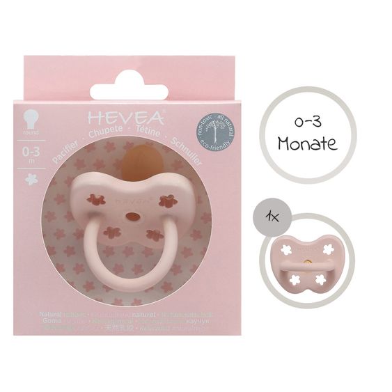 HEVEA Pacifier natural rubber - round - Flower - Powder Pink - size 0-3 M