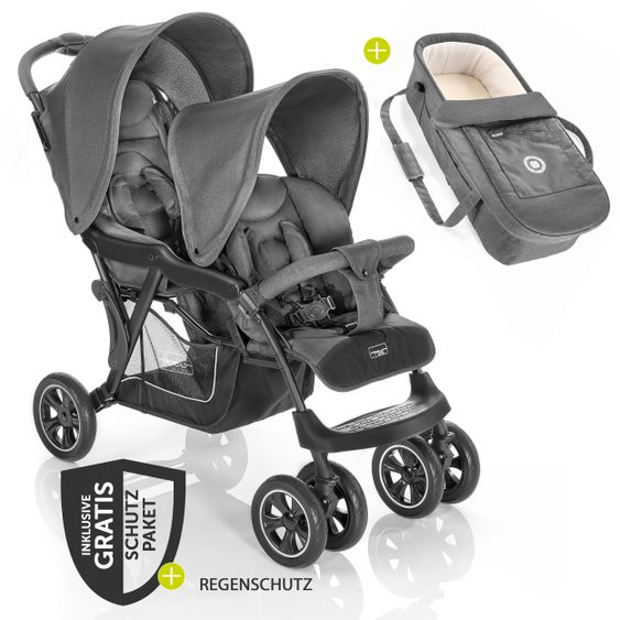 Hoco Geschwister & Zwillingskinderwagen Tandem Exklusiv inkl. 3 in 1 Babywanne & Gratis Regenschutz - Linen Dark Grey